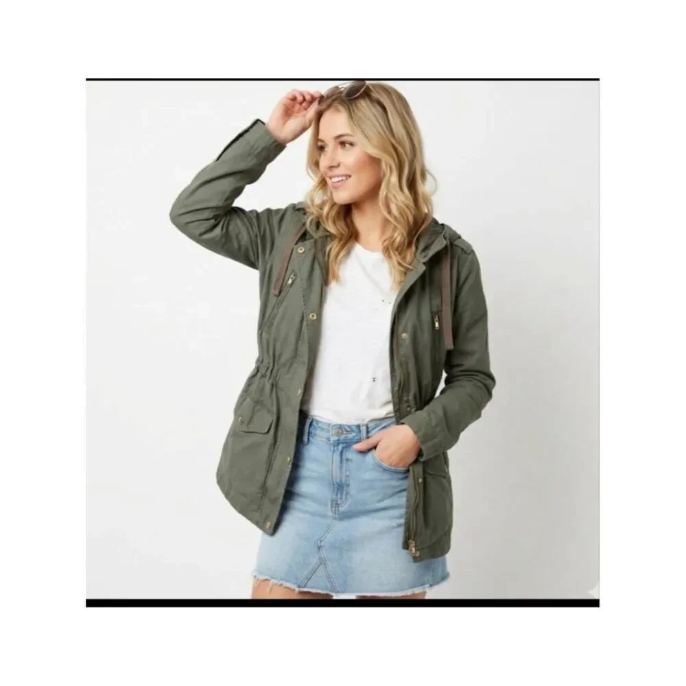 Love Tree Olive Green Hooded Utility Jacket Womens MEDIUM Cargo Military Casual